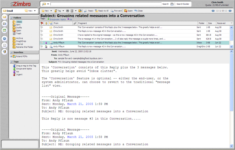 Zimbra email InboxConversation - See all messages in a thread - inbox, sent, filed, even trash - in one view